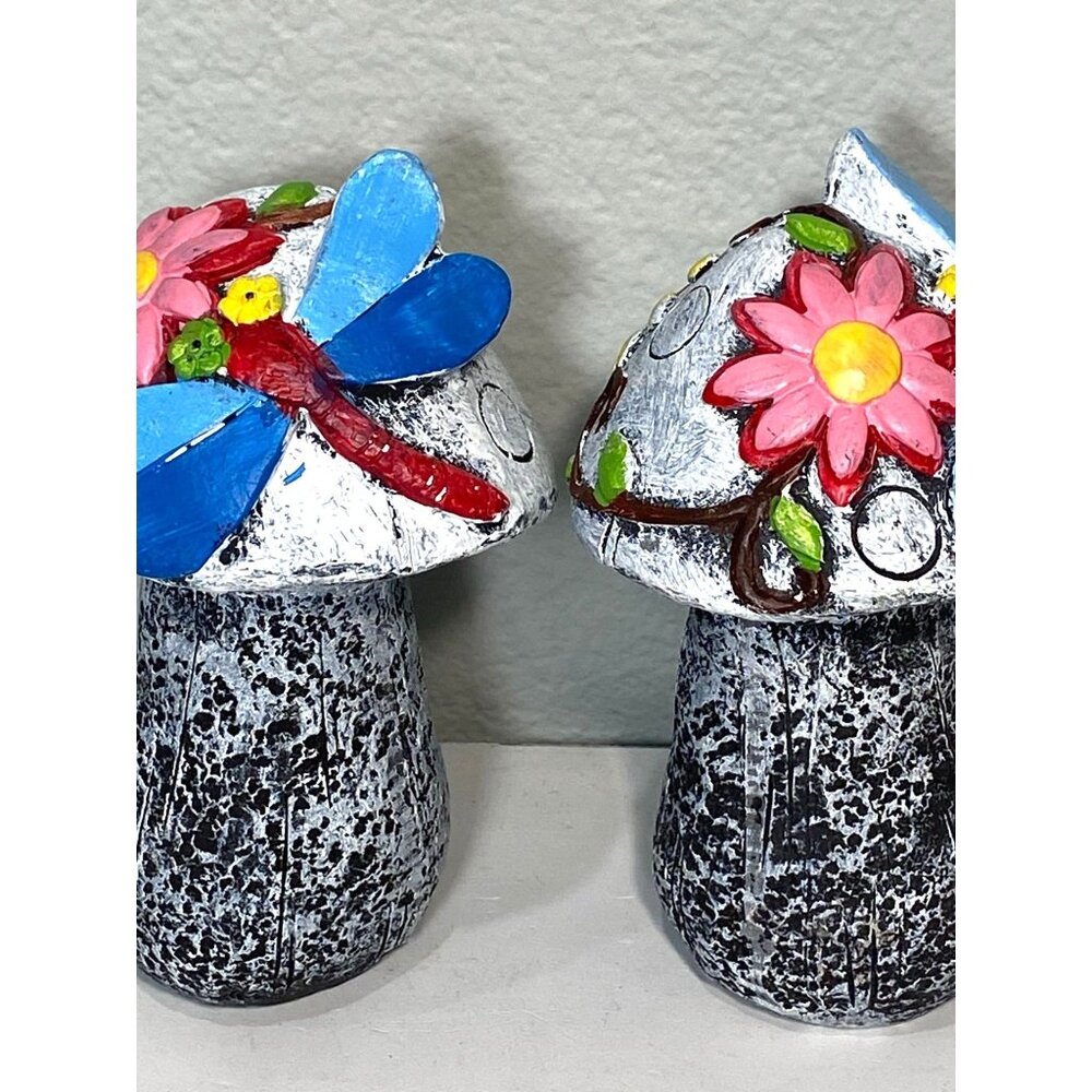 Mushroom Figurine Garden Statue Hand Painted  Set of 2 Dragonfly Flowers Figurin